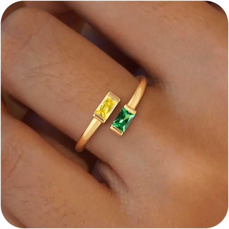 Honsny Gold Birthstone Rings for Women Non Tarnish 14K Gold Plated Adjustable Emerald Ring Cubic Zirconia Gemstone Promise Ring for Her Engagement Personalized Waterproof Jewelry Gifts for Birthday - Image 1